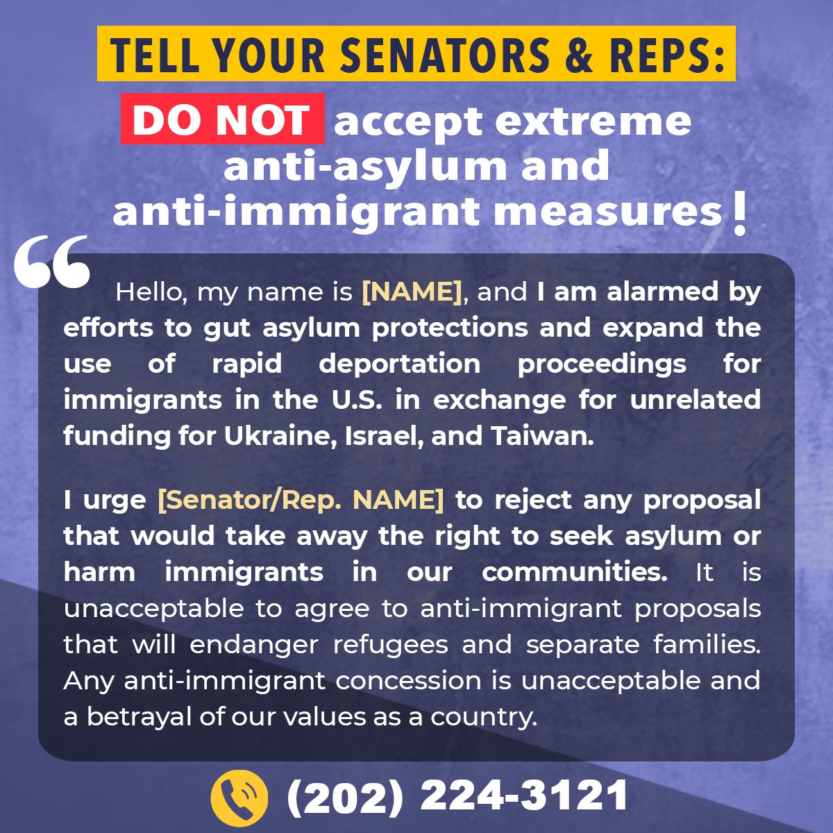 TAKE ACTION - Call your Senators and Reps TODAY and urge them to reject efforts to trade asylum for foreign aid. Join us in protecting lives and defending the fundamental right to seek #asylum: wwdignity.org/NoTradeOffs #SaveAsylum