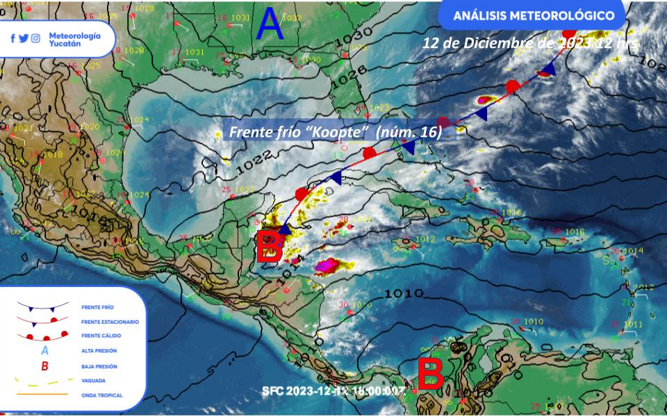 ClimaYucatan's tweet photo. 🗺️ Análisis meteorológico muestra al frente frío #Koopte como estacionario hasta el sur de la península y norte de Centroamérica, acompañado de una baja presión.

Viene de vuelta con más lluvias.

Estas son las cartas de pronóstico.
https://t.co/dH1QfRNPQ6 https://t.co/JCA6GCocBv