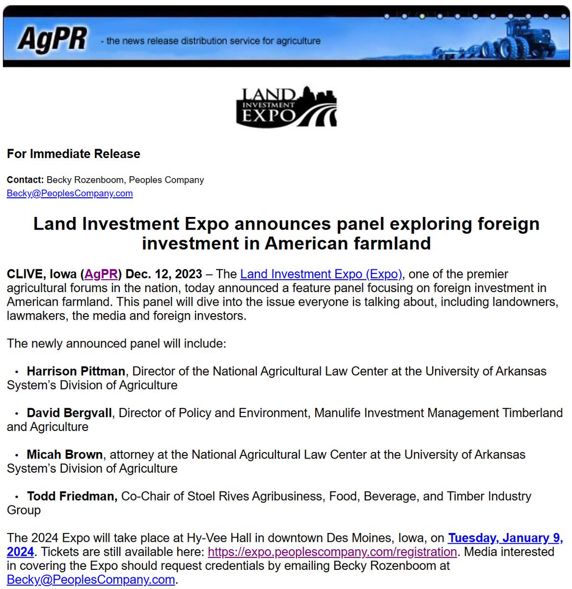 Land Investment Expo (<a href="/LandExpo/">Land Investment Expo</a>) announces panel exploring foreign investment in American farmland. agnewscenter.com/archives.cfm?n… #LandExpo24 #AmericanFarmland #ForeignInvestment #SustainableInvesting via AgPR.com