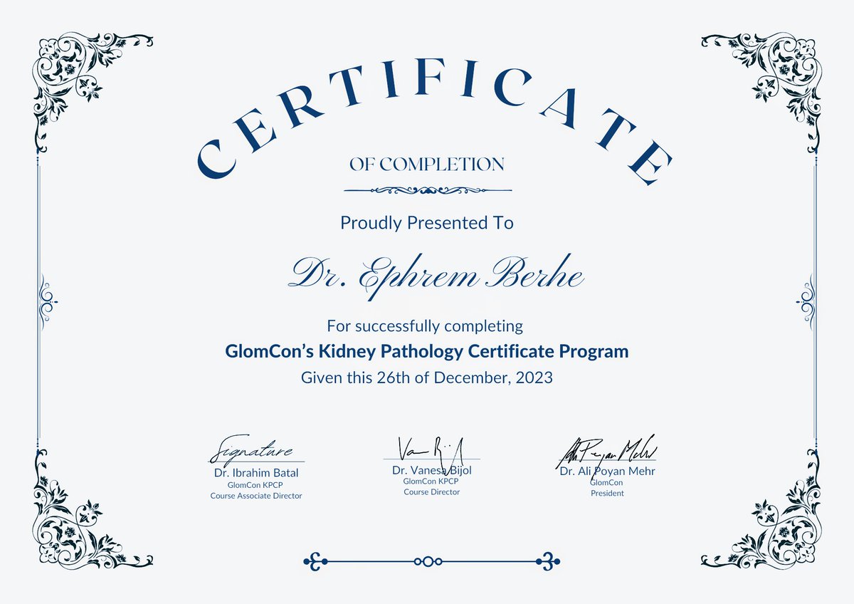 Ephrem Berhe, MD (@ephremb2) on Twitter photo Thrilled for the sucessful completion of a year long certificate program <a href="/GlomCon/">GlomCon</a> Kidney Pathology.
As a nephrologist this program has deepened my understanding of kidney pathology and enriched my skills in Nephrology.
Thank you dear <a href="/VBijol/">Vanesa Bijol</a> <a href="/IbrahimBatal9/">Ibrahim Batal</a> <a href="/poyanmehr/">Poyan Mehr</a> Thrilled for the sucessful completion of a year long certificate program <a href="/GlomCon/">GlomCon</a> Kidney Pathology.
As a nephrologist this program has deepened my understanding of kidney pathology and enriched my skills in Nephrology.
Thank you dear <a href="/VBijol/">Vanesa Bijol</a> <a href="/IbrahimBatal9/">Ibrahim Batal</a> <a href="/poyanmehr/">Poyan Mehr</a>