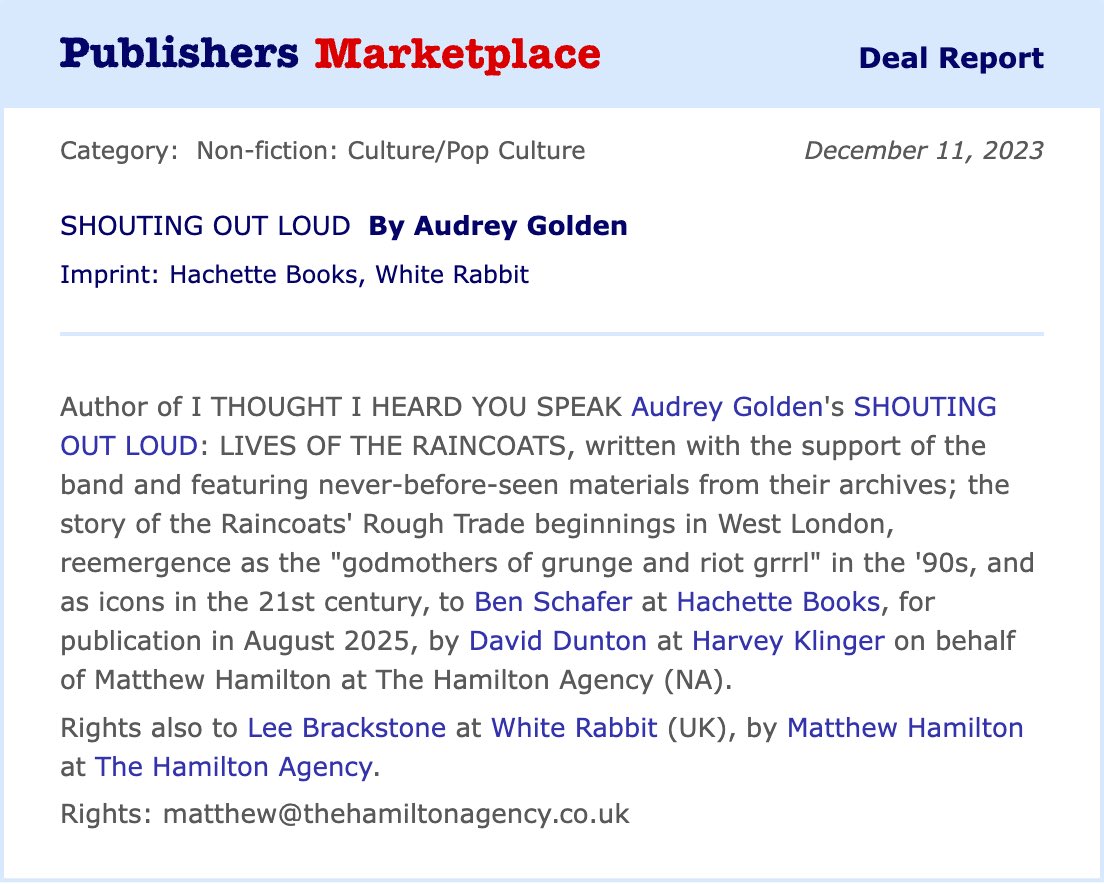 It’s official!!! Beyond thrilled to be writing this book on @RaincoatsThe! 🎸 

Coming to you in August 2025! 

<a href="/WhiteRabbitBks/">White Rabbit Books</a> <a href="/HachetteBooks/">Hachette Books</a>