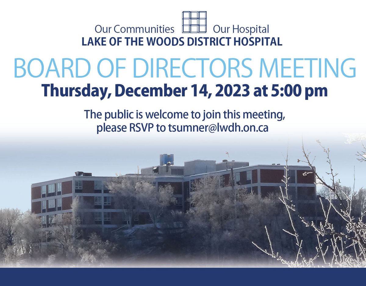 @LWDH (@lwdhospital) on Twitter photo All are welcome to attend monthly #LakeoftheWoodsDistrictHospital board meetings. The December meeting will take place on December 14th at 5:00 pm at the hospital aras well as virtually. Please RSVP to tsumner@lwdh.on.ca #OurCommunitiesOurHospital All are welcome to attend monthly #LakeoftheWoodsDistrictHospital board meetings. The December meeting will take place on December 14th at 5:00 pm at the hospital aras well as virtually. Please RSVP to tsumner@lwdh.on.ca #OurCommunitiesOurHospital