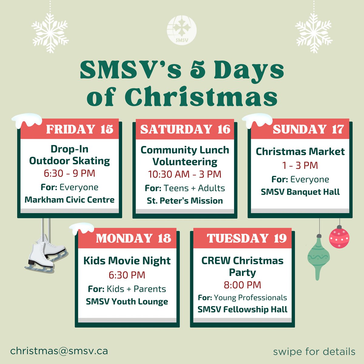 SMSV’s 5 Days of Christmas starts THIS Friday! Join us for 5 days of festivities for all ages to enjoy! Contact christmas@smsv.ca for questions. For details visit: instagram.com/p/C0w9EatvXPK/…
