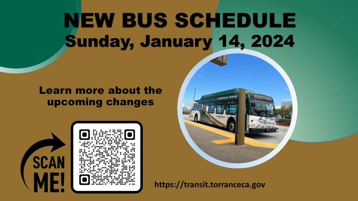 New Bus Schedule starting on Sunday, January 14, 2024. Click below to learn more about the upcoming changes: transit.torranceca.gov/routes-schedul…