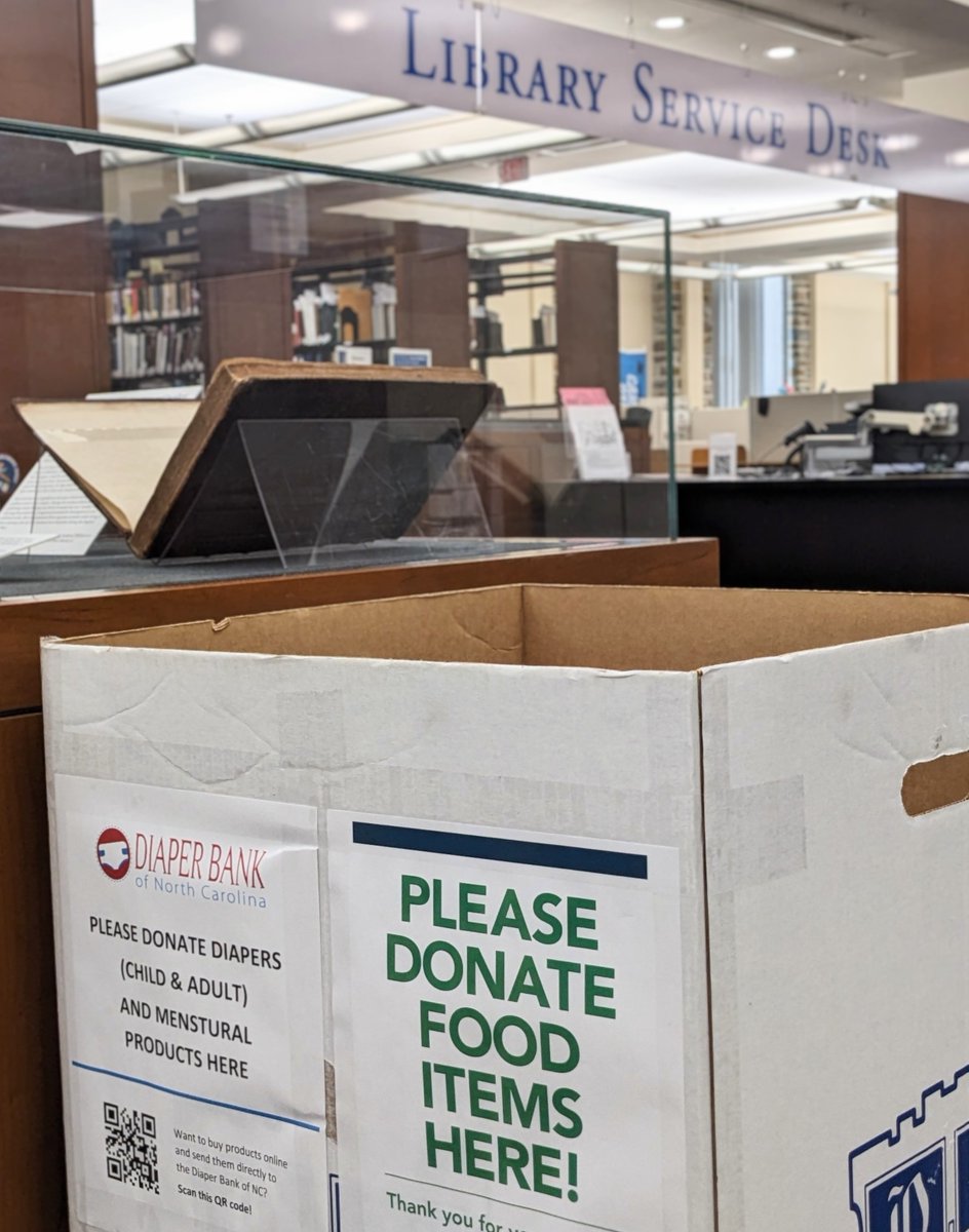 This holiday season, we're collecting donations for @FoodBankCENC and @DiaperBankNC. Now through 12/19, look for these donation bins in Perkins Library, @lillylibduke, and Smith Warehouse (near the kitchen). Thanks for helping us spread a little more joy this holiday season!