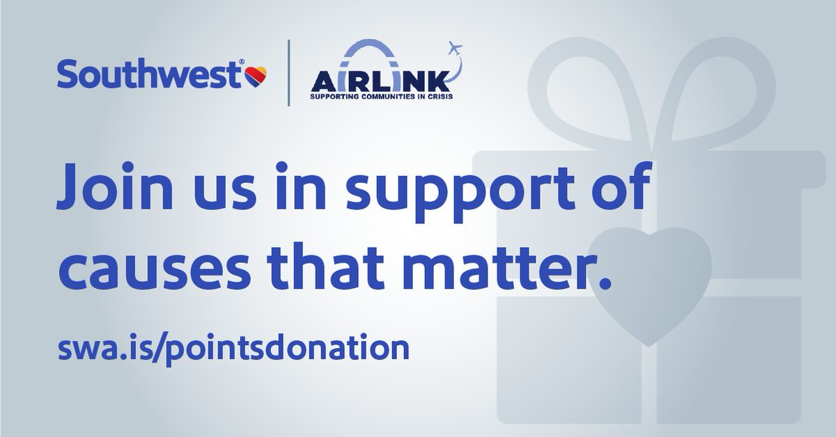 There are a few days LEFT to increase your Airlink-impact with Points for a Purpose! Through Dec. 14th, @SouthwestAir is rewarding Rapid Rewards Members who make a cash donation to nonprofit partners with 10 points per dollar donated: southwest.com/rapid-rewards/… #SouthwestHeart 💙