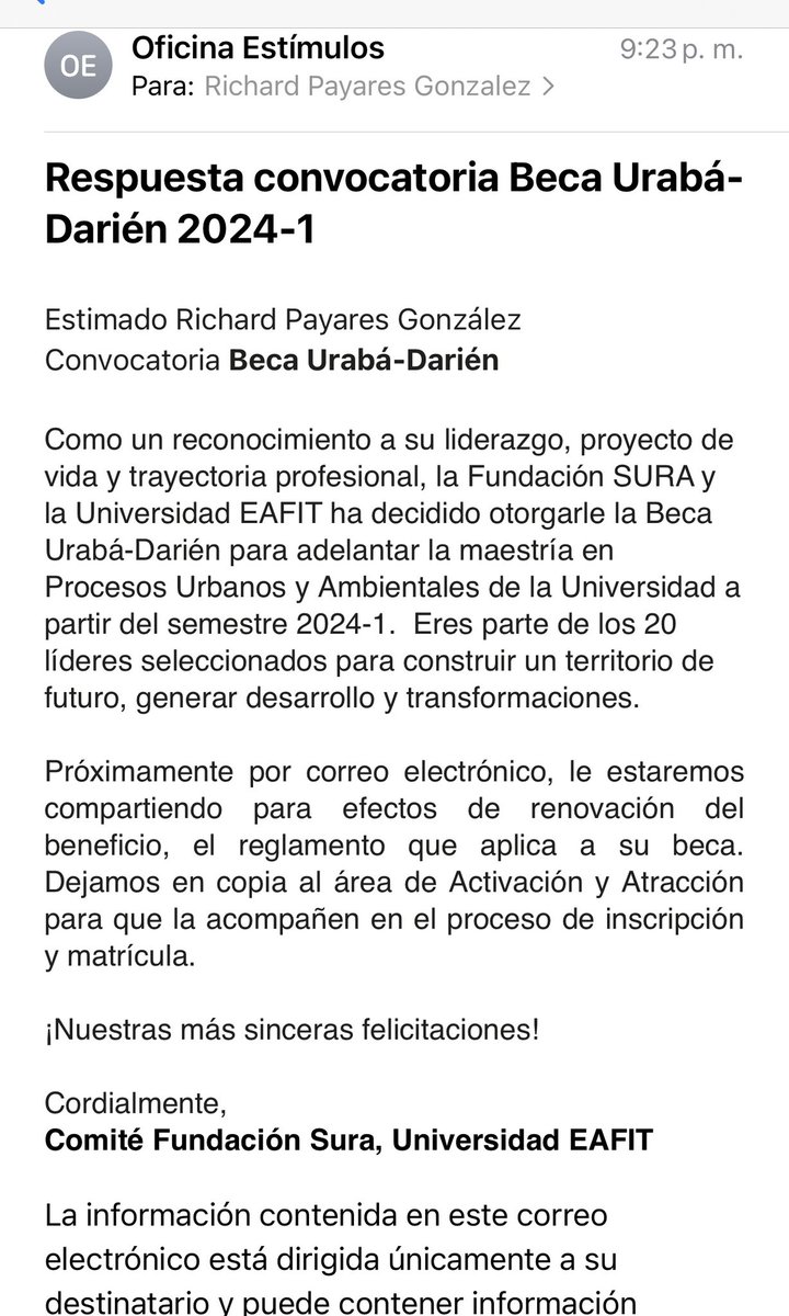 Gratitud inmensa con @EAFIT @urbam_EAFIT y Fun. Sura por la extraordinaria oportunidad. 

En lo personal esta beca representa para mí un impulso fundamental que me anima a seguir trabajando por #Urabá, una región a la que le debo todo. 
#educacion
#innovacion
#UrbanismoSocial