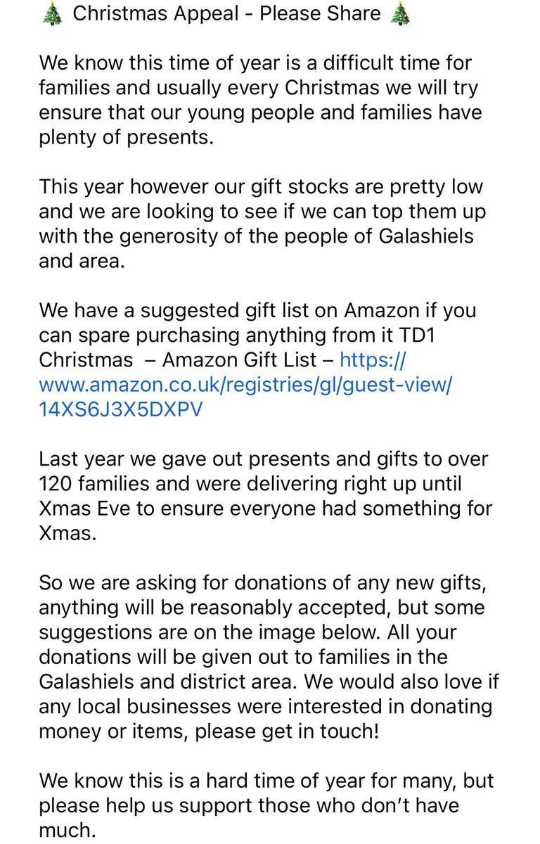 🎄 CHRISTMAS APPEAL 🎄 We are looking for donations of gifts to support our young people and families living here in Galashiels area. Please help if you can! Feel free to drop off a donation or buy something from our Amazon Wishlist amazon.co.uk/registries/gl/…