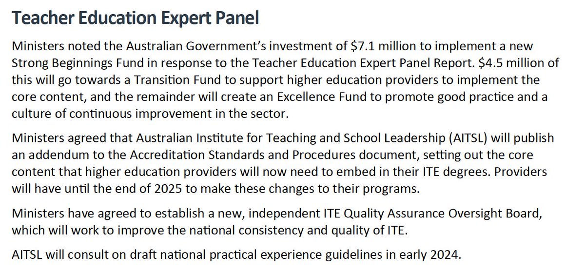 The Education Ministers Meeting yesterday confirmed that the core content in the #TEEP report will be added to the ITE accreditation standards. This isn't the end of the process, and don't underestimate what it took to get this far, but it's a step forward
education.gov.au/education-mini…