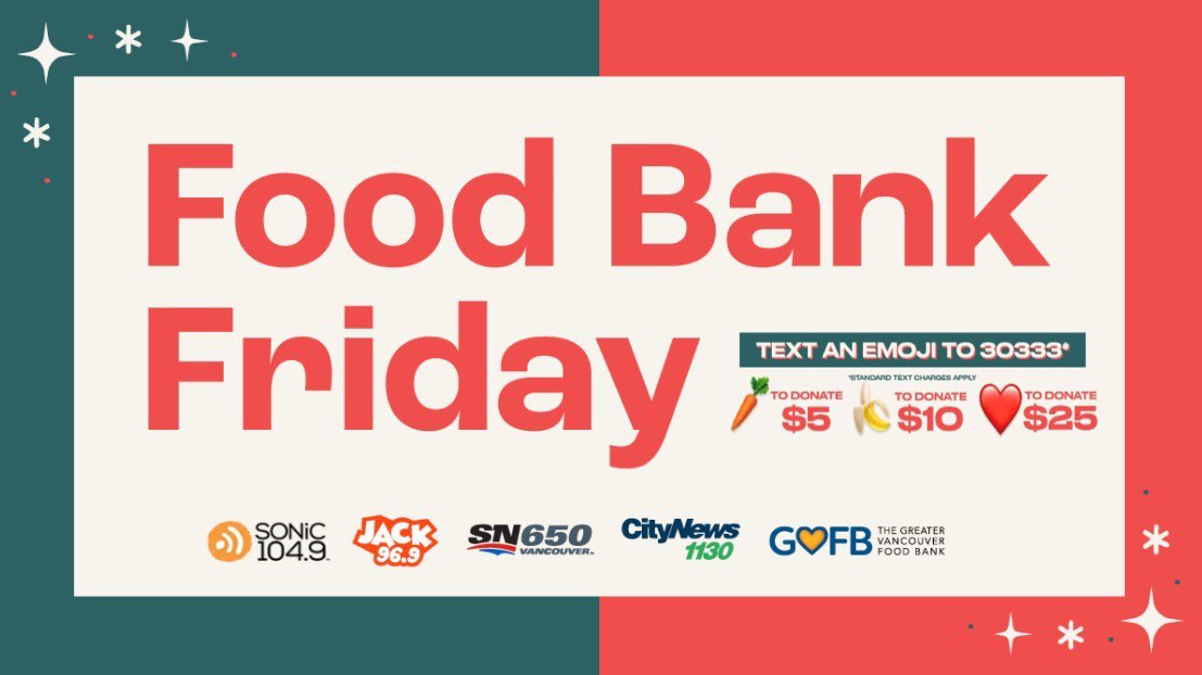 Our Virtual Fundraiser for The @VanFoodBank (GVFB) is happening FRI. Dec. 15 from 6AM – 6PM. JACK 96.9 has once again teamed up with the GVFB to raise important funds for accessible, healthy & sustainable food for individuals and families. JACK969.com for details