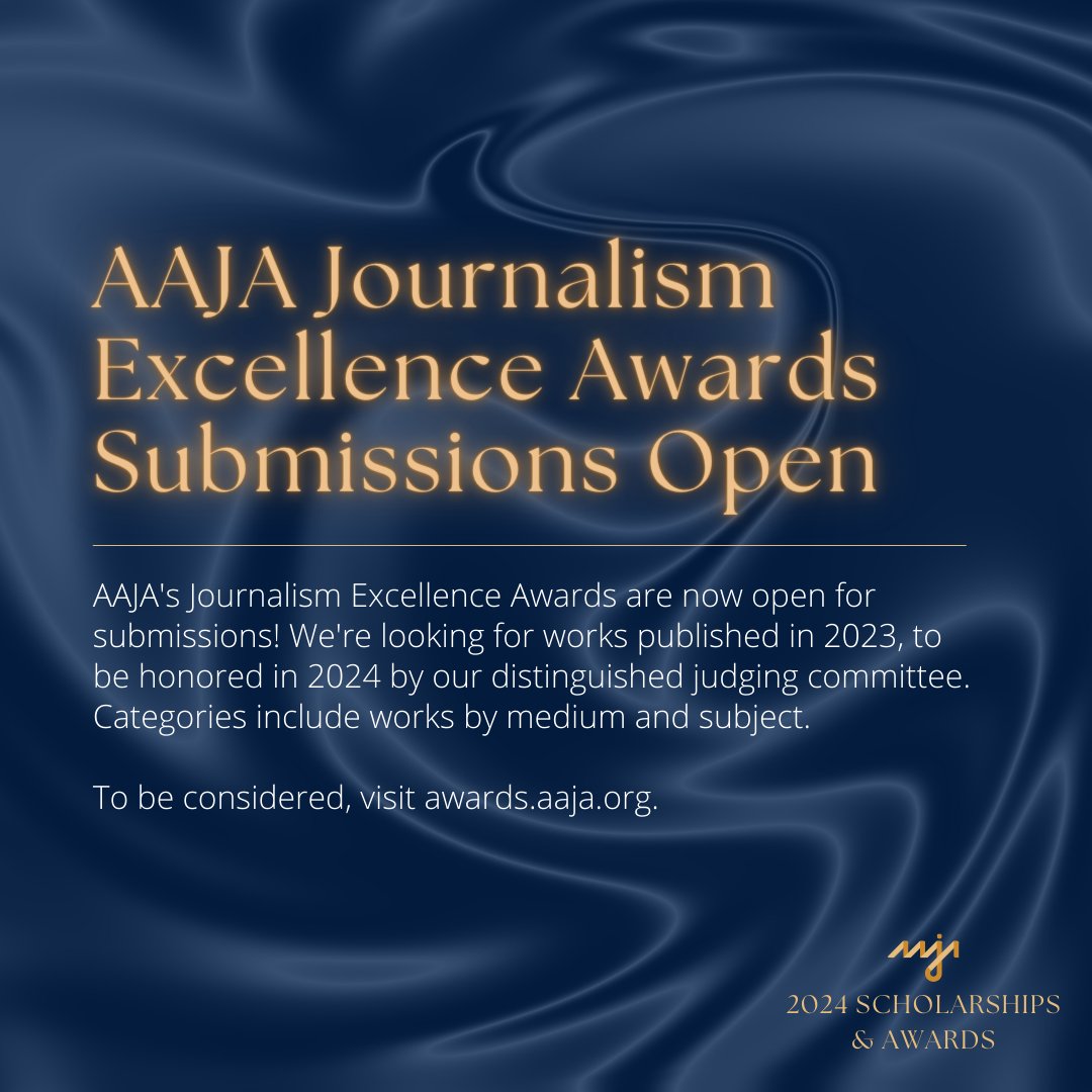 🏆 Attention journalists! AAJA's 2024 Journalism Excellence Awards are now open for submissions. Honor your outstanding 2023 pieces by submitting an application today: aaja.awards.org. To submit, you must be an active AAJA member. Deadline to submit: Jan. 22