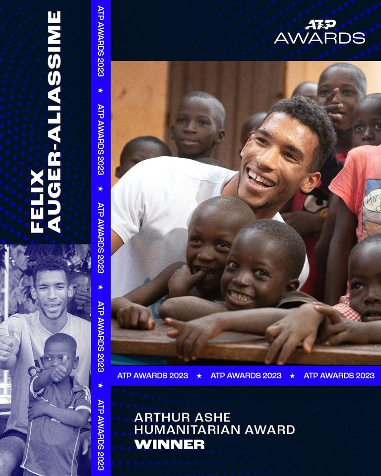 TennisCanada's tweet photo. Huge congratulations to Tennis Canada's very own @felixtennis for being named the 2023 Arthur Ashe Humanitarian Award recipient in recognition of his philanthropy work around the world 🌎 

🤝 to making a difference one person at a time!

📸: @atptour https://t.co/fMUqvF5qV9