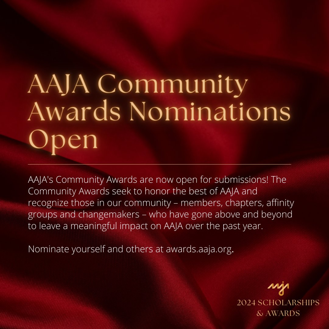 ✨ Nominate outstanding community contributors! AAJA is now accepting submissions for our 2024 Community Awards. To nominate someone, or yourself, you must be an active member. Visit our official nomination page: awards.aaja.org/community-awar…. Deadline for nominations: Jan. 22