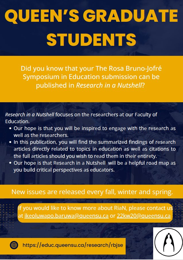 RBJSE is proud to be partnering with Research in a Nutshell for 2024! 

Research in a Nutshell is a peer-reviewed Queen's Faculty of Education journal. When you submit to RBJSE, you will eligible to submit your work for the fall issue! 

educ.queensu.ca/research/resea…