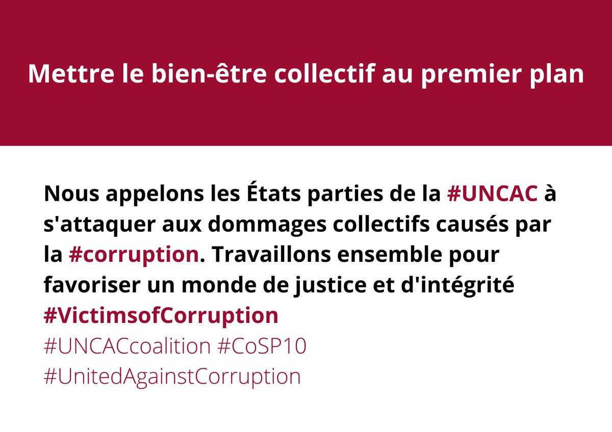 ASFCanada's tweet photo. 🗣️La corruption viole les #DroitsHumains et prive les citoyens de biens et de services publics.
Les États doivent garantir une réparation effective pour les #VictimesDeCorruption.
👉🏽https://t.co/4fmBtJzvKs
#UnitedAgainstCorruption #CoSP10 #VictimsofCorruption @UNCACCoalition https://t.co/Sn7D3nv4ny