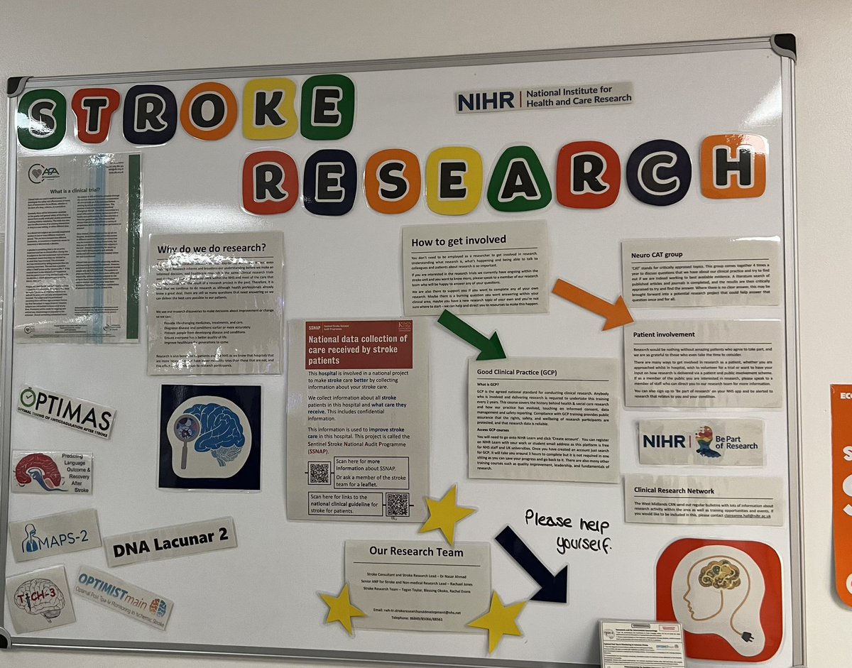 Rachaelstroke's tweet photo. Ohhh! Loved the new research board on the ward today! Well done Tegan, Blessing and @rjevans69! This is how we improve and showcase the amazing stroke research on HASU! @RWTResearch @ukstrokenursing @CRN_WMid @ISDNNorthMids https://t.co/xzLLeGVbWW
