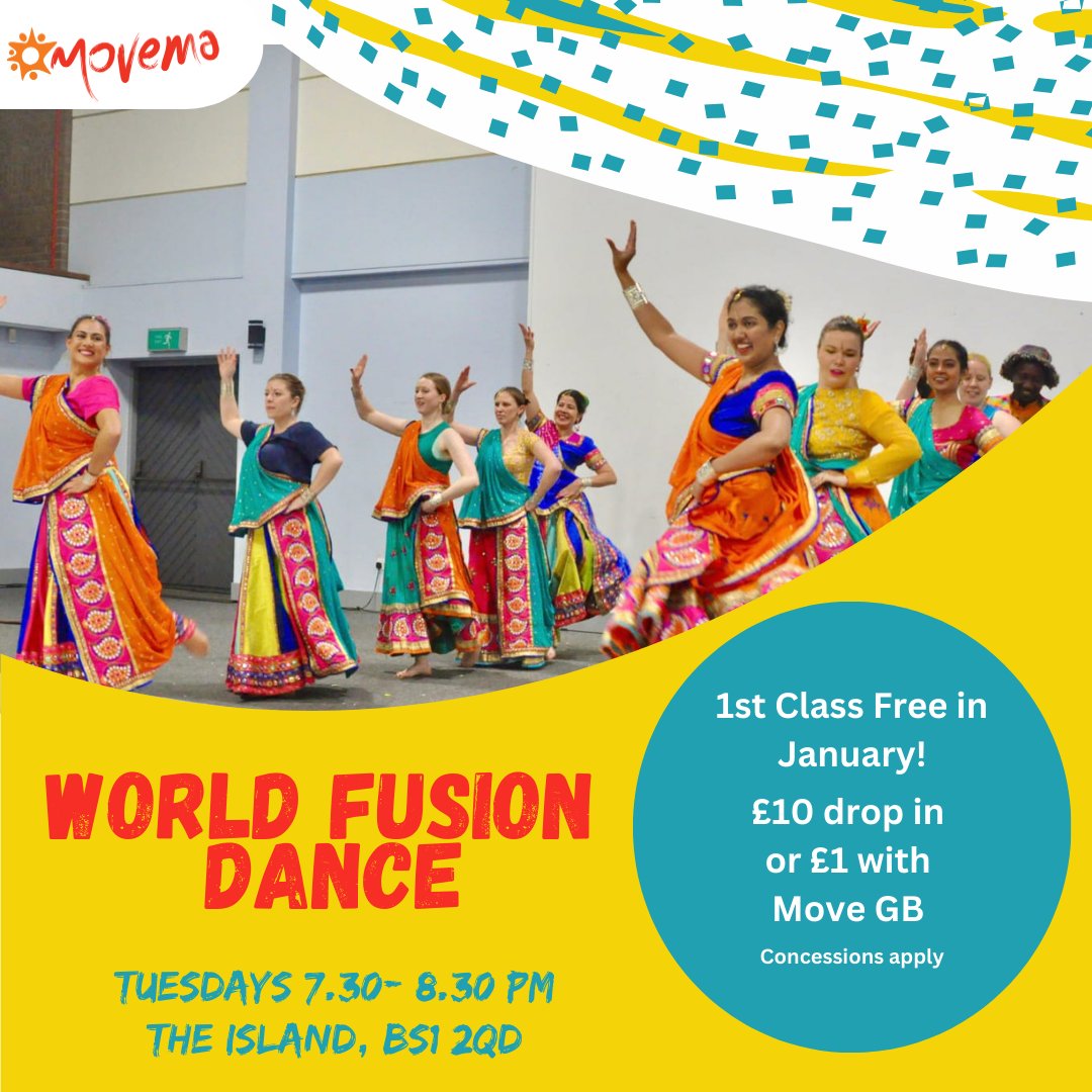 Try our World Fusion dance classes and explore dance styles from around the world. Your first class in January is FREE if you haven't danced with us before. No subscription fees, just come when you can and pay as you go. bookwhen.com/movema/e/ev-s2…