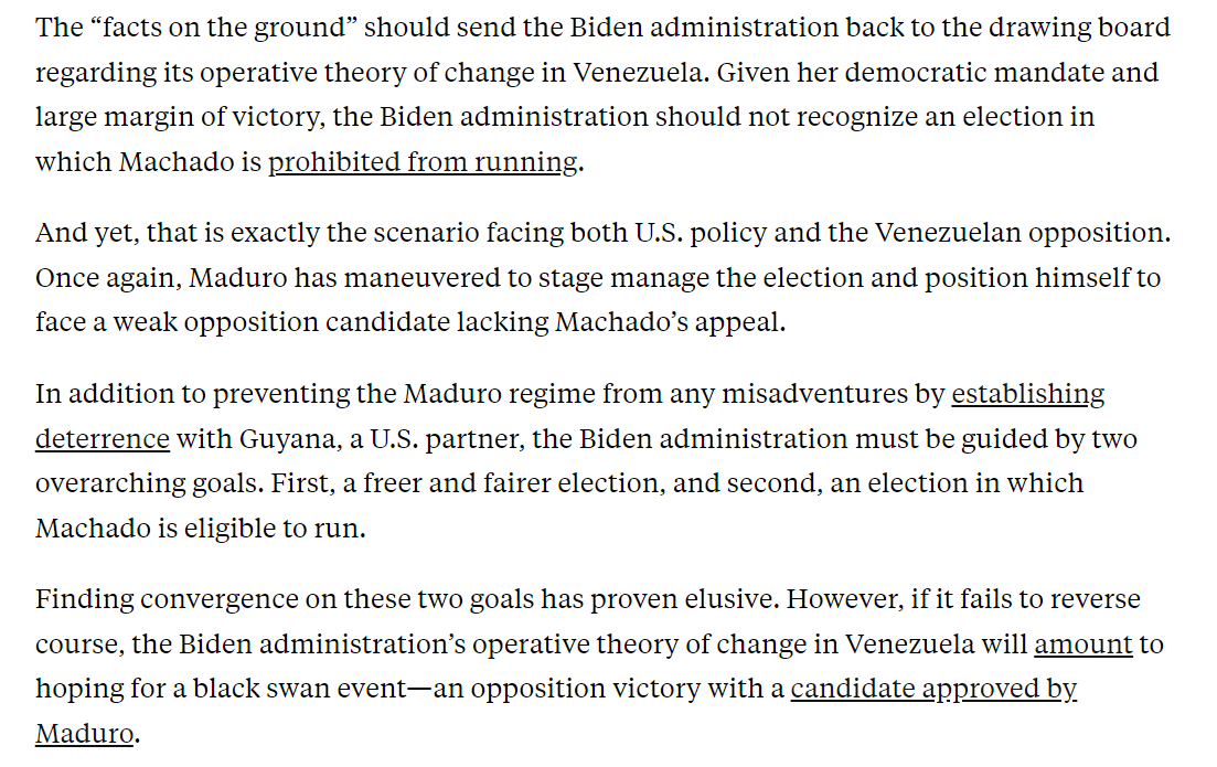 #Venezuela: 'What’s Wrong With Biden’s Venezuela Policy?' My latest in @ForeignPolicy. If the @JoeBiden admin does not reboot, it will be complicit in sidelining opposition candidates through @NicolasMaduro's sham 'process.' Main argument below. Read here: foreignpolicy.com/2023/12/12/bid…