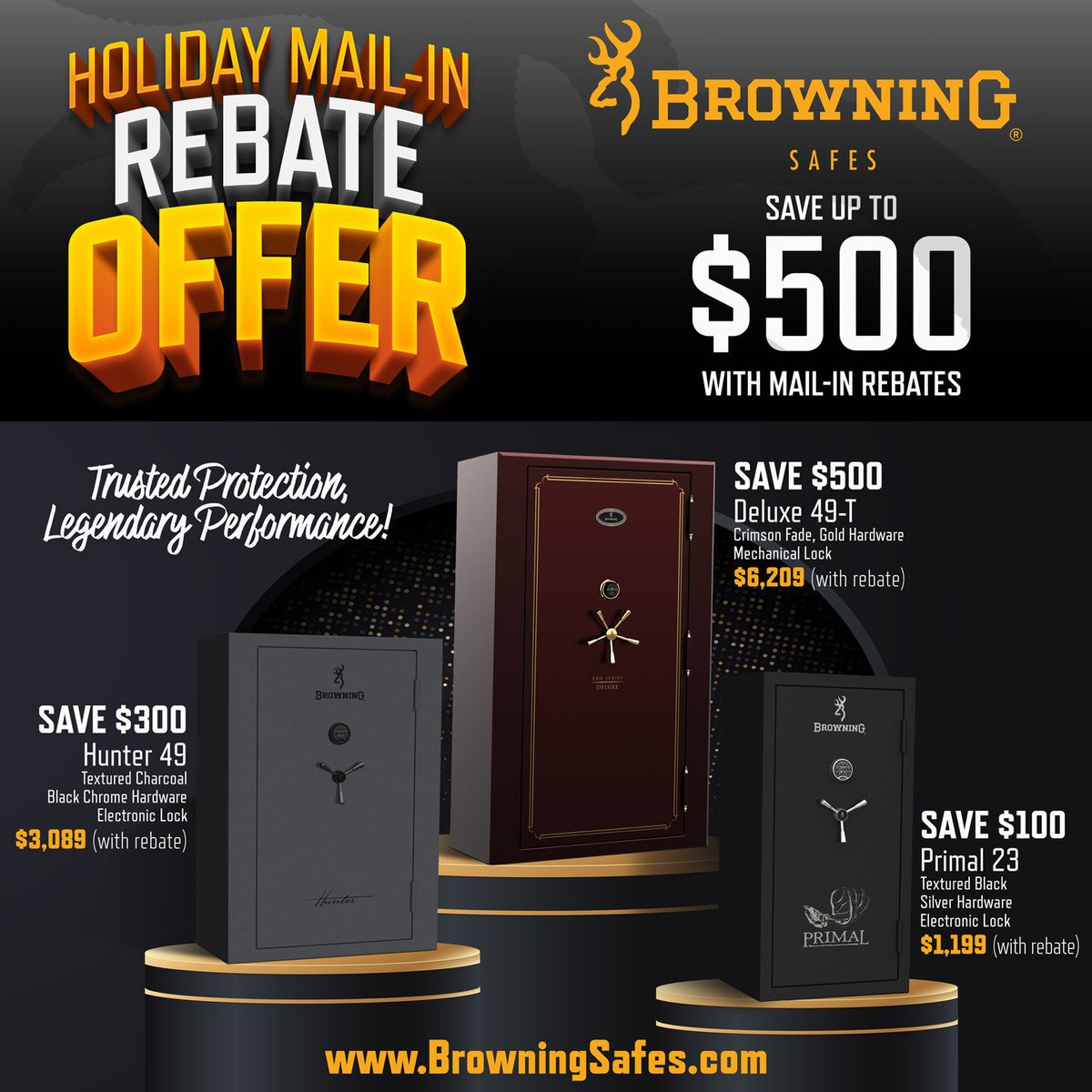 BrowningSafes's tweet photo. #BrowningSafes has #HolidayRebates saving you $100 on a purchase over $999, and $500 on a purchase over $5,000 until December 31st. Go to https://t.co/ph56FlbMvc to order your new safe or use our dealer locator to find a dealer near you.

#TrustedProtectionLegendaryPerformance https://t.co/xFwslyohRV