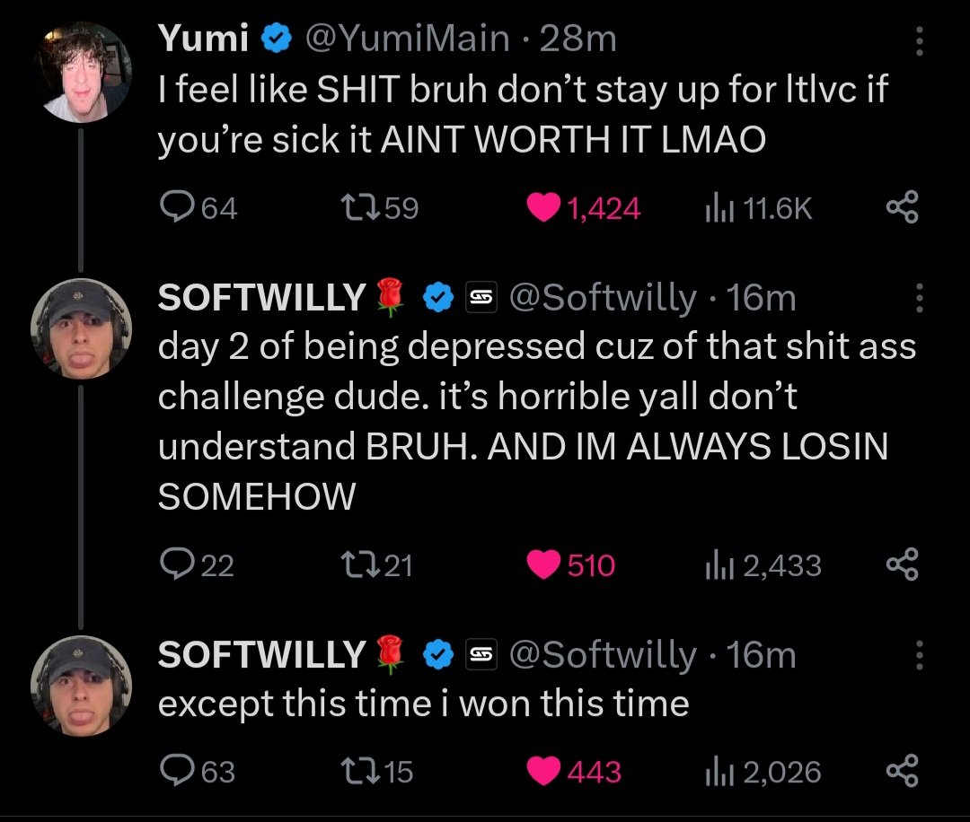 LTLVC_updates's tweet photo. Softwilly made a reply to yumi claiming he has won the challenge. Leaving some fans excited for his win while others suspect he's full of shit. However due to the nature of tgc members he may be just lying https://t.co/CTsm5tCrgF