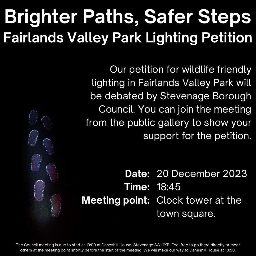 Having received over 1,300 signatures to date, the Brighter Paths, Safer Steps petition is now scheduled to be debated at the next full Stevenage Borough Council meeting on 20 December 2023 at 7pm. If you want to show your support, you can join the meeting at the public gallery!