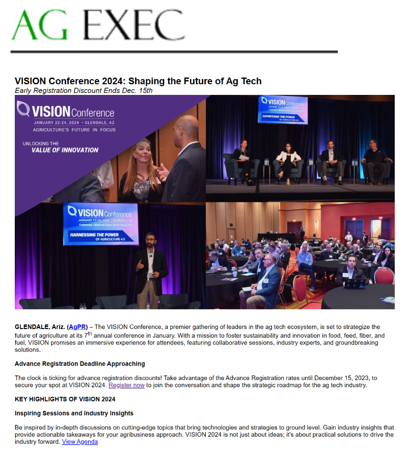 VISION Conference 2024: Shaping the Future of Ag Tech. Early Registration Discount Ends Dec. 15th. agnewscenter.com/archives.cfm?n… @MeisterMedia @AgBusinessMedia @croplifemag #VISIONconference2024 #agtech #womeninagtech #innovation via AgPR.com | @agnewscenter