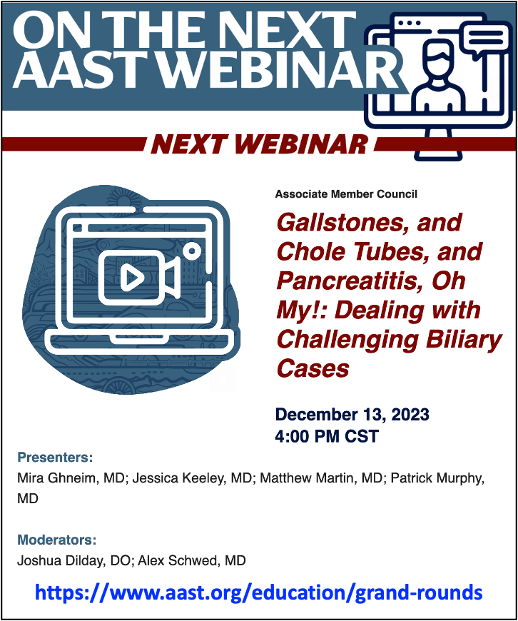 Looking forward to this @traumadoctorsam webinar tomorrow with @keely_md @GrittyinPink96 @Joshua_Dilday and @AlexSchwed discussing challenging gallbladder and pancreatitis cases