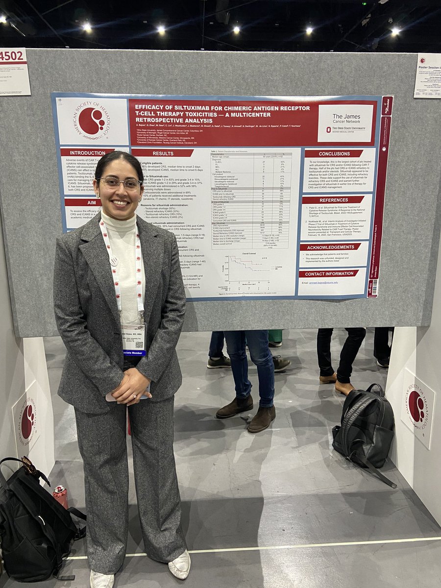 Proud to see @OSUHematology @OSUCCC_James Heme/Onc fellow Amneet Bajwa, MD present our work showing benefit of Siltuximab for refractory CRS/ICANS after #CART cell therapy! #ASH23