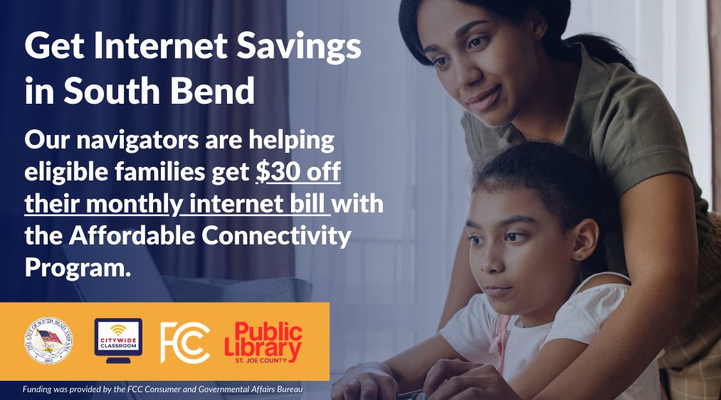 Over half of South Bend households are eligible to receive a $30/month discount on their internet bill with the Affordable Connectivity Program. With this discount, some providers may offer internet plans at no cost!

Visit southbendin.gov/acp to learn more!