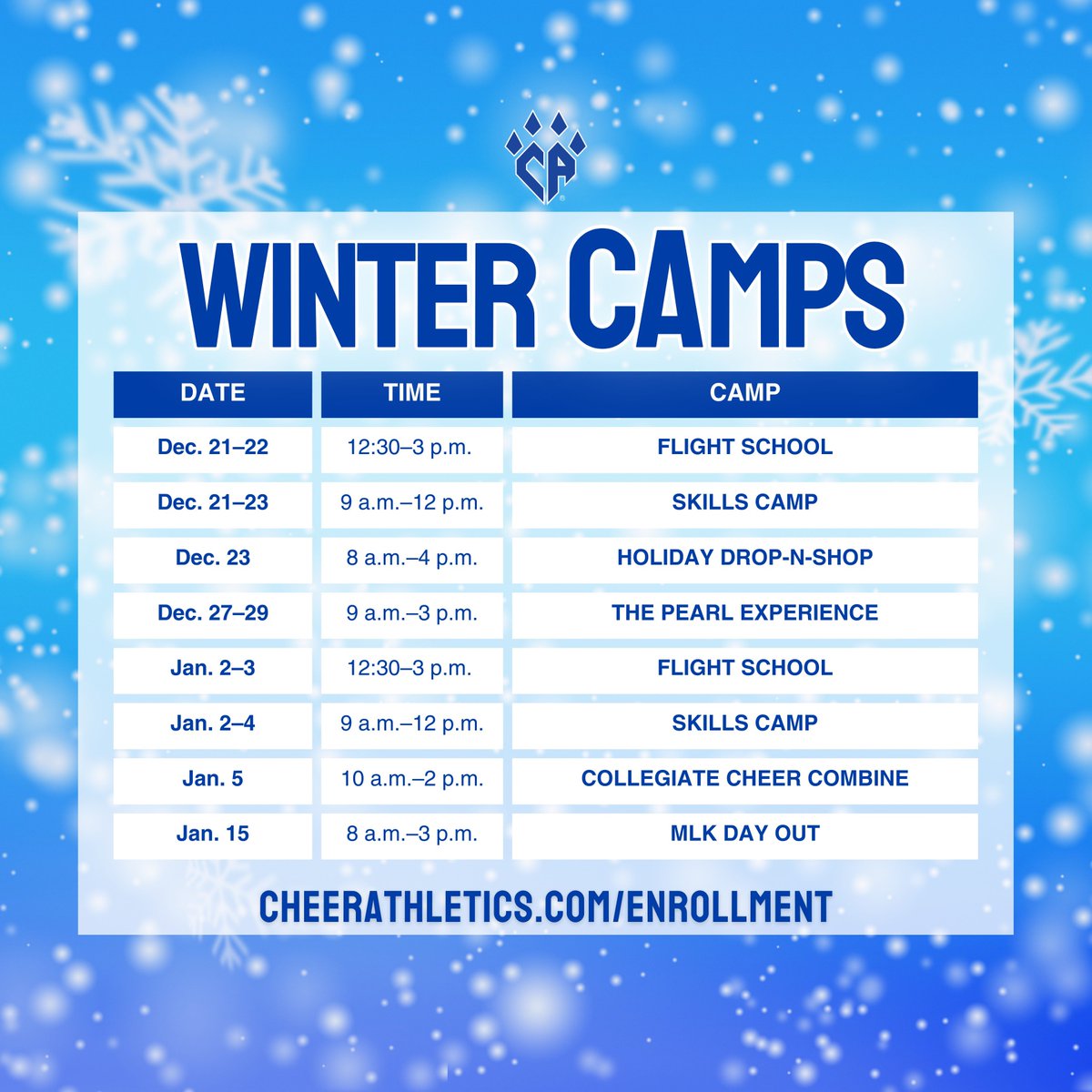 Calling all elves! Registration is OPEN for our Winter CAmps! We are offering half-day and full-day workshops so athletes can stay on top of their skills over the break and have FUN doing it! Register here app.iclasspro.com/portal/cheerat…