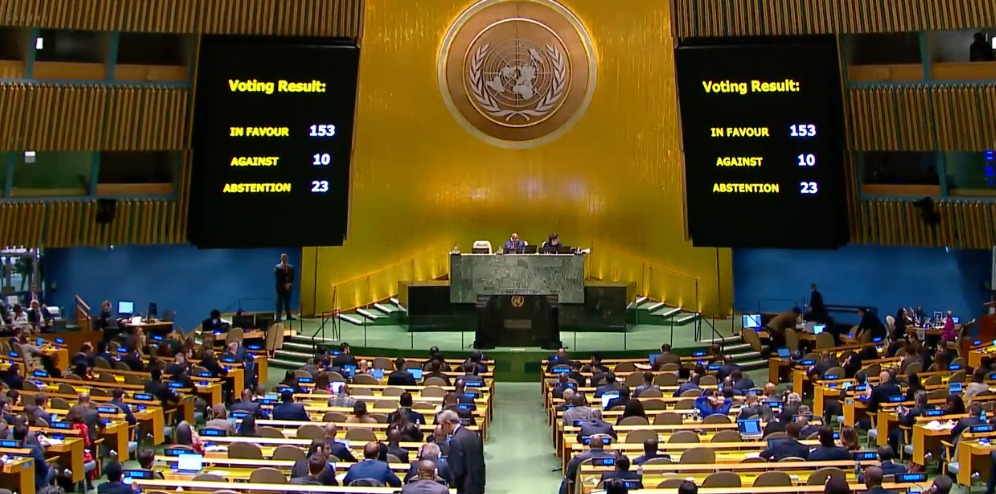 In favour: 153 Against: 10 Abstentions: 23 UN General Assembly adopts resolution on the Middle East demanding a humanitarian ceasefire, the protection of civilians, the immediate, unconditional release of all hostages and humanitarian access.