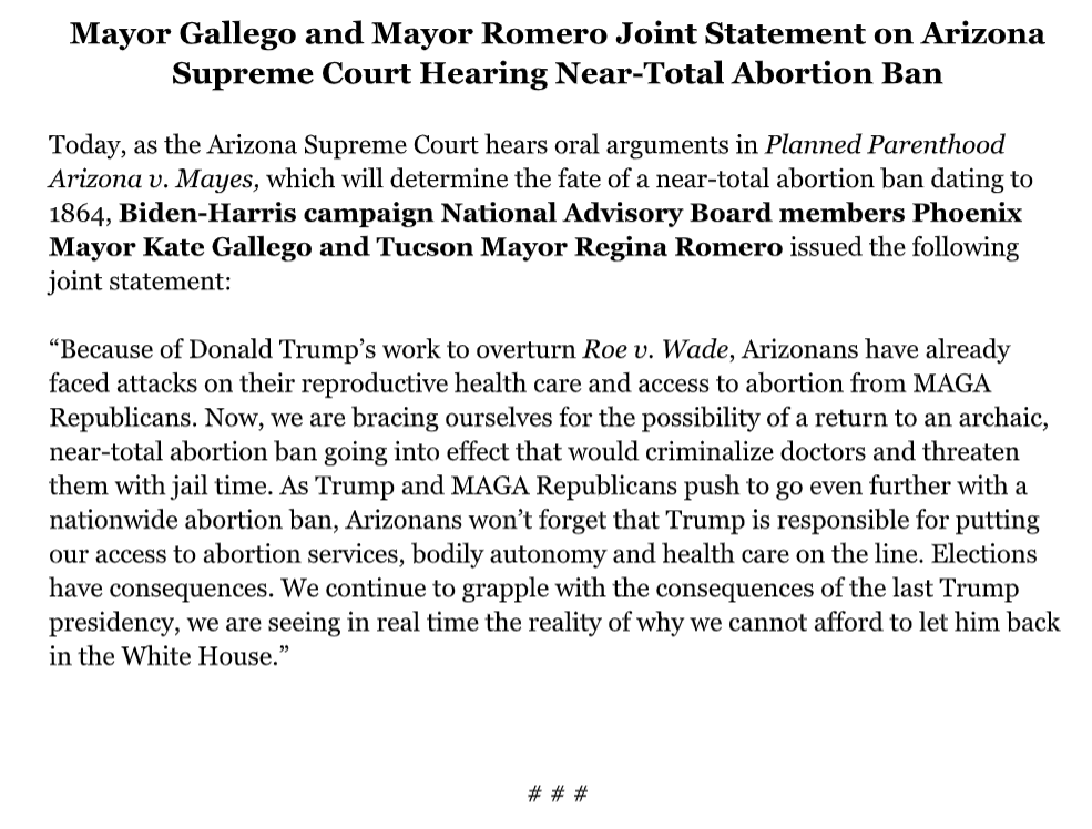Statement from @TucsonRomero & @MayorGallego, both Biden-Harris campaign National Advisory Board members, on today's AZ Supreme Court hearing on the 'archaic' 1864 abortion law that would 'criminalize doctors and threaten them with jail time.'