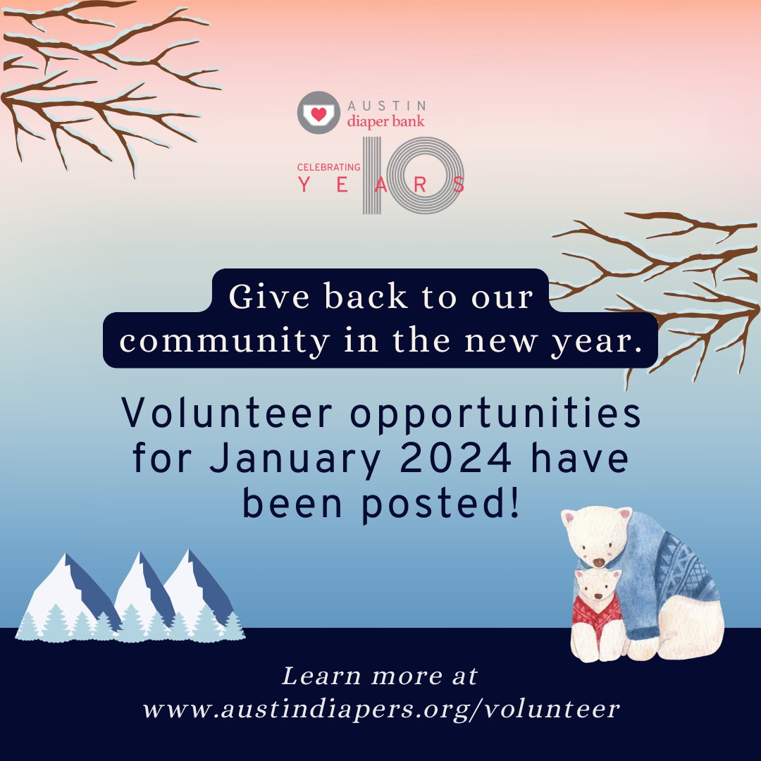 🌟 Almost New Year, new volunteer opportunities at Austin Diaper Bank! 🙌💙 No time this month? No worries! Register for a 2-hour shift to prep diapers for partner agencies. 🎉👶 Join us in spreading love! ❤️ Sign up at austindiapers.org/volunteer.🤝✨