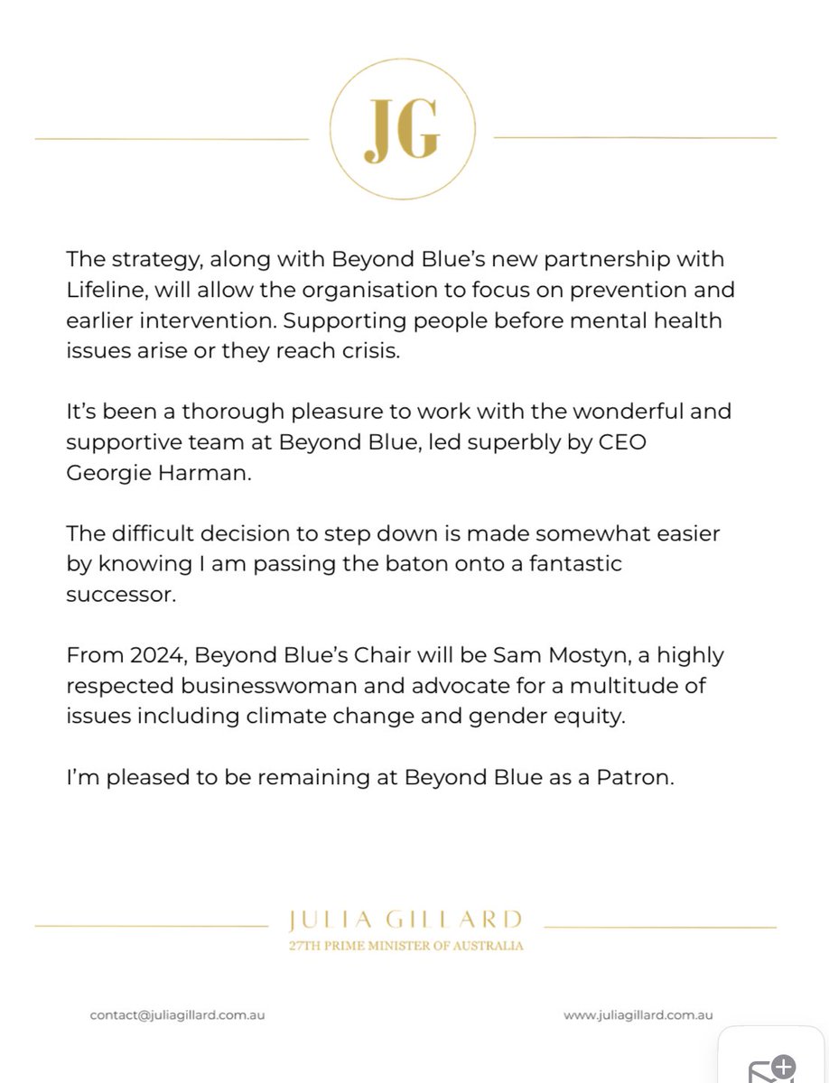 Julia Gillard (@juliagillard) on Twitter photo It is with many and mixed emotions that I announce I will be stepping down as Chair of <a href="/beyondblue/">Beyond Blue</a> at the end of this year. It is with many and mixed emotions that I announce I will be stepping down as Chair of <a href="/beyondblue/">Beyond Blue</a> at the end of this year.