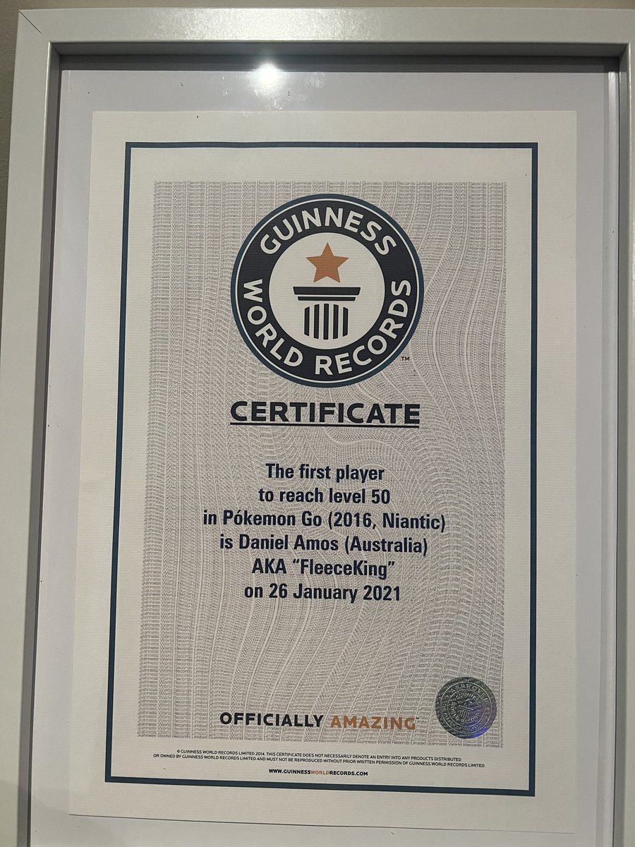 ItsFleeceKing's tweet image. It’s official, 

I got my certificate from GRW! 

First player in the world to reach level 50 in Pokémon Go 💪🏻 

Thank you @GWR this is something I’ll remember for the rest of my life.