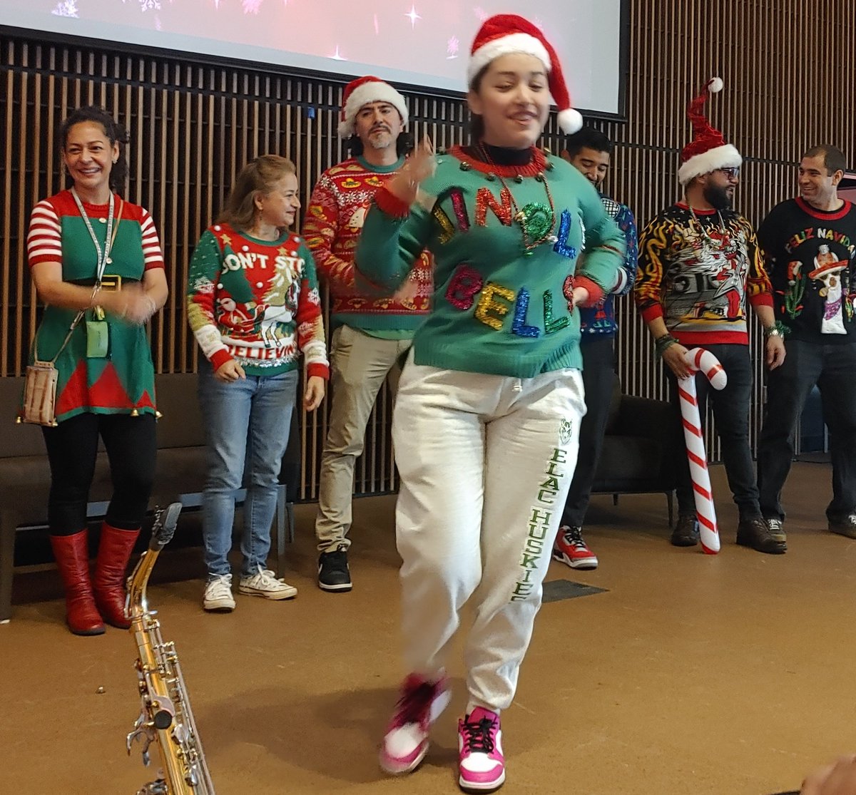 marviljr's tweet image. #EastLACollege President Dr. Alberto J. Román is holding his President's Holiday Social for #ELAC faculty and staff in the packed multi purpose room. The festivities include the 3rd Annual Karaoke Battle and Ugly Sweater Contest. #CalCommColleges #laccd