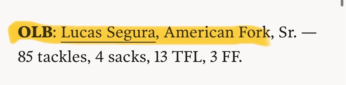 Humbled and honored to have been placed on the Deseret News 6A All-State 1st team! Thanks to my coaches, the amazing program, and parents for making me the player I am! @cavemanfootball @Trevor_Richins @JamesEdward_HS