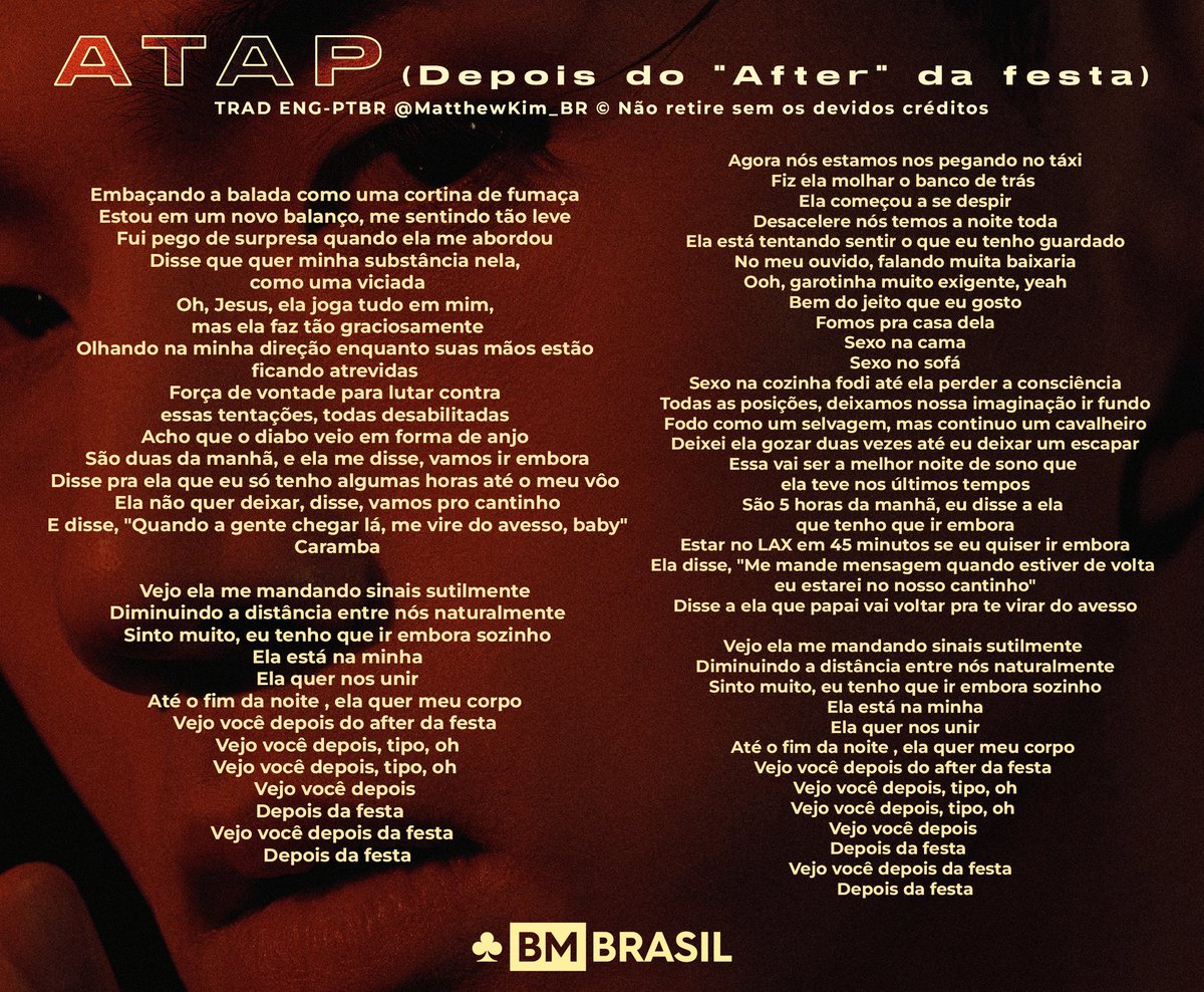 [TRAD] 12.12.23 - CONFIRAM A TRADUÇÃO DE 'ATAP' 🫢🔞

TRAD ENG-KR-PTBR: BM Brasil 
© Não retire sem os devidos créditos.
#BM #KARD <a href="/KARD_Official/">KARD (카드)</a> <a href="/_bigmatthewww/">BM</a> <a href="/altm_Group/">altm Group</a>