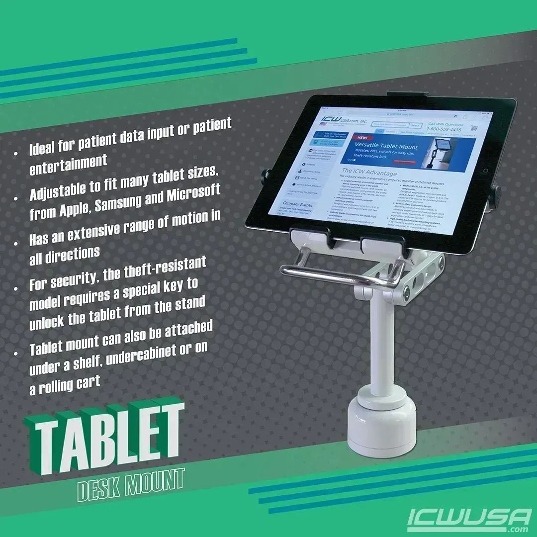 Check out ICW's Tablet Desk Mount. This mounting solution comes with many unique features and benefits and is ideal for patient data input or patient entertainment.

Smart Mounts. Ergonomic Comfort. Solid Support.
Made in the USA 🇺🇸
#Tablet #MountingSolution #Madeinusa #Patient