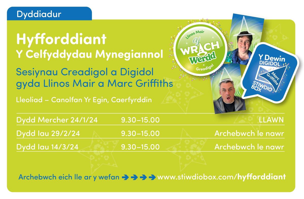 Newyddion Cyffrous! Rydym wedi ychwanegu dyddiad ym mis Chwefror at y ddyddiadur! Y cyntaf i'r felin gaiff fynychu ein hyfforddiant hwyliog, creadigol a digidol. Stiwdiobox.com/hyfforddiant #yagym @djmarcgriffiths @cymrufm @Stiwdiobox