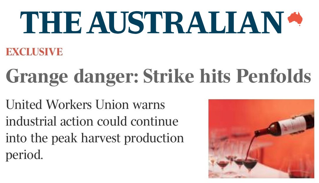 TODAY brave United Workers Union members at Treasury Wines' Barossa Valley operations have gone on strike to secure a fair pay rise and protest against sackings of fellow workers. Story: theaustralian.com.au/nation/workers… @SAUnions @7NewsAdelaide @9NewsAdel @theTiser @indaily @abcnews