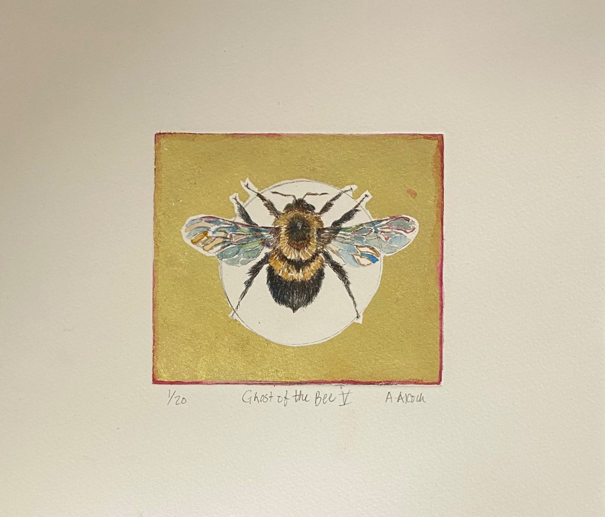 Lovely day finishing a totally new edition.

GHOST OF A BEE V
Drypoint with 22 carat goldleaf and watercolour 
Variable Edition: 1/20
Paper size: 26.5x23.5cm
Image size: 12.5x11cm
£150