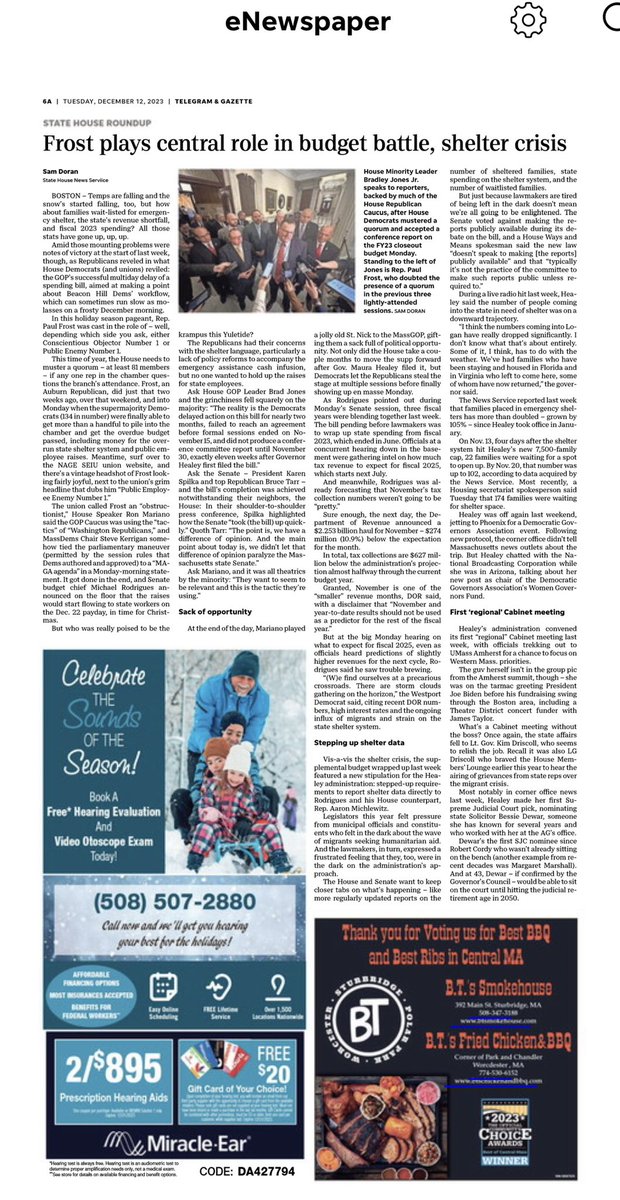 In today’s (December 12) print edition of the Worcester Telegram &amp; Gazette. Story written by the State House News Service.