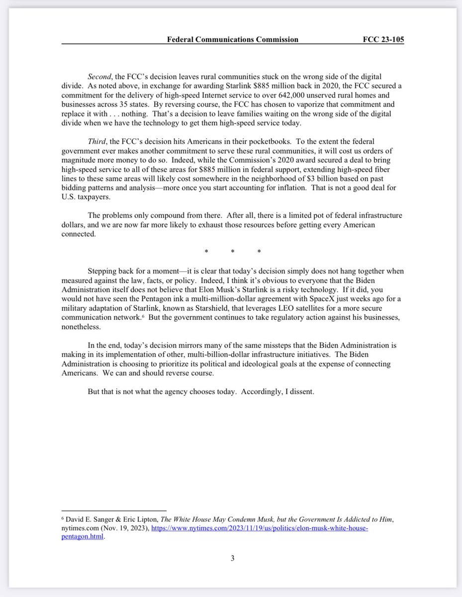 Last year, after Elon Musk acquired Twitter, President Biden gave federal agencies the green light to go after him. And they have. Today, the FCC adds itself to the growing list of federal agencies engaging in the regulatory harassment of Elon Musk. I dissent.