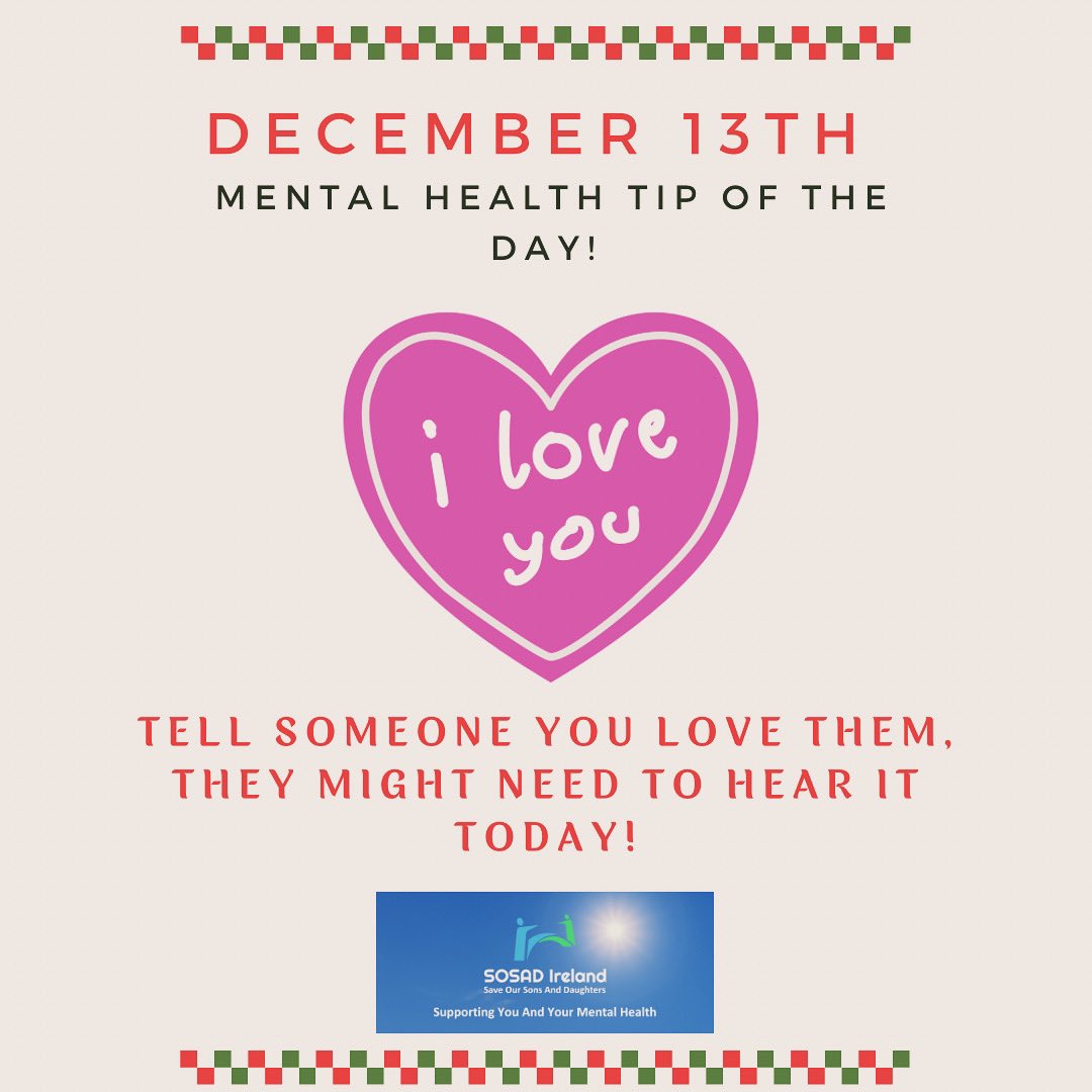 Day 13: Tell Someone You Love Them❤️
At SOSAD Ireland, we support YOU and YOUR mental health 💙
#sosadireland #mentalhealth #mentalhealthawareness #mentalhealthmatters #mentalhealthtips