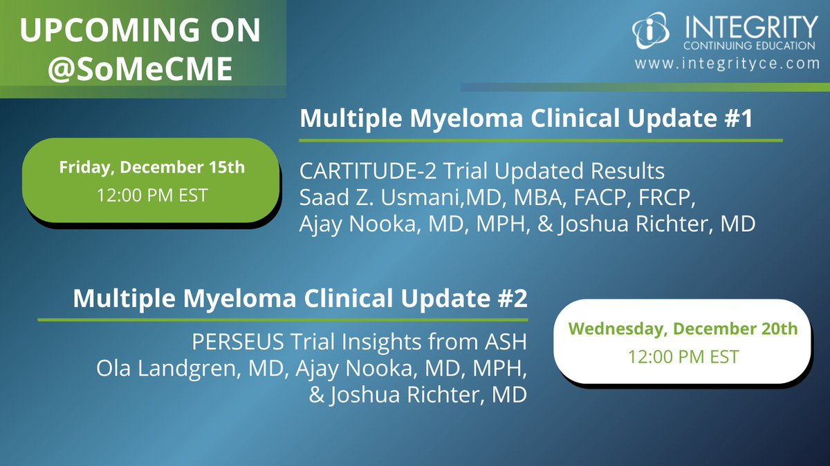 Integrity CE SoMe CME (@somecme) on Twitter photo 🆕 #MMUpdate series
1️⃣ evt.to/asiuhohaw
💬 CARTITUDE-2 Trial Updated Results
👥 <a href="/szusmani/">Saad Z. Usmani MD MBA FACP 🇺🇸🇵🇰</a>, <a href="/JoshuaRichterMD/">Joshua Richter, MD, FACP</a>, & <a href="/AjayNookaMD/">Ajay Nooka, MD, MPH</a>
2️⃣ evt.to/asiuhhshw
💬 PERSEUS Trial Insights from ASH
👥 <a href="/DrOlaLandgren/">C. Ola Landgren, M.D.</a>, <a href="/JoshuaRichterMD/">Joshua Richter, MD, FACP</a>, & <a href="/AjayNookaMD/">Ajay Nooka, MD, MPH</a> 🆕 #MMUpdate series
1️⃣ evt.to/asiuhohaw
💬 CARTITUDE-2 Trial Updated Results
👥 <a href="/szusmani/">Saad Z. Usmani MD MBA FACP 🇺🇸🇵🇰</a>, <a href="/JoshuaRichterMD/">Joshua Richter, MD, FACP</a>, & <a href="/AjayNookaMD/">Ajay Nooka, MD, MPH</a>
2️⃣ evt.to/asiuhhshw
💬 PERSEUS Trial Insights from ASH
👥 <a href="/DrOlaLandgren/">C. Ola Landgren, M.D.</a>, <a href="/JoshuaRichterMD/">Joshua Richter, MD, FACP</a>, & <a href="/AjayNookaMD/">Ajay Nooka, MD, MPH</a>