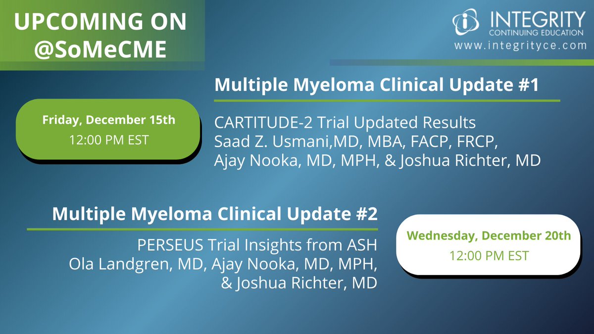 🆕 #MMUpdate series 1️⃣ evt.to/asiuhohaw 💬 CARTITUDE-2 Trial Updated Results 👥 @szusmani, @JoshuaRichterMD, & @AjayNookaMD 2️⃣ evt.to/asiuhhshw 💬 PERSEUS Trial Insights from ASH 👥 @DrOlaLandgren, @JoshuaRichterMD, & @AjayNookaMD