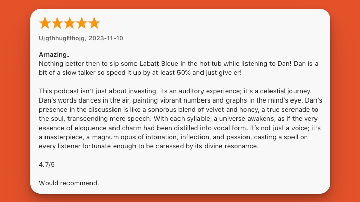 Epic review. 😆 

A love letter to Dan (<a href="/StockTrades_CA/">Dan Kent (Stocktrades.ca)</a>)