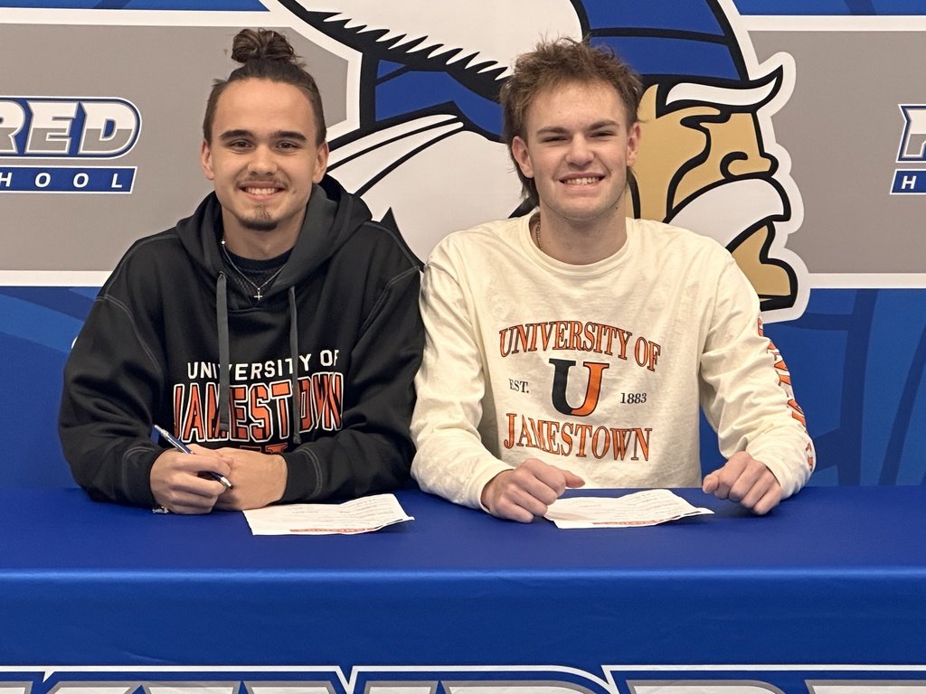 Congratulations to Kindred athletes Xander Rath and Ethan Duval for signing with Jamestown today to continue their athletic and academic careers with their track and field program. The Jimmies are lucky to have such fine young men joining them. GO VIKINGS!!