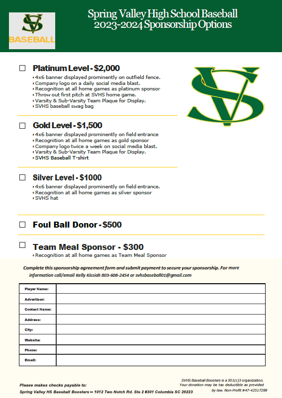 We need your support!!! We are seeking sponsors to support the players and coaches for the 2024 season. There is no donation too small or too large. All donations are tax-deductible. For more information, email <a href="/803_coachSatt/">Tommy Satterfield</a> at SpringValleyCoachSatt@gmail.com

#BetheStandard